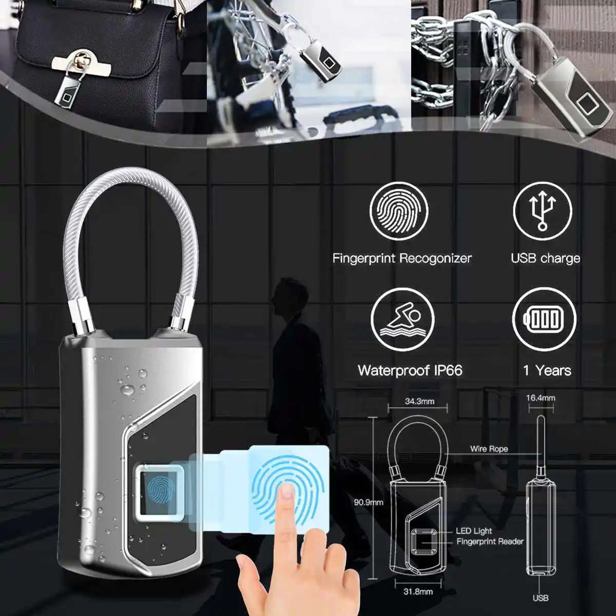 

USB Rechargeable Smart Keyless Fingerprint Lock IP65 Waterproof Portable Anti-Theft Security Mini Padlock Door Luggage Case Lock