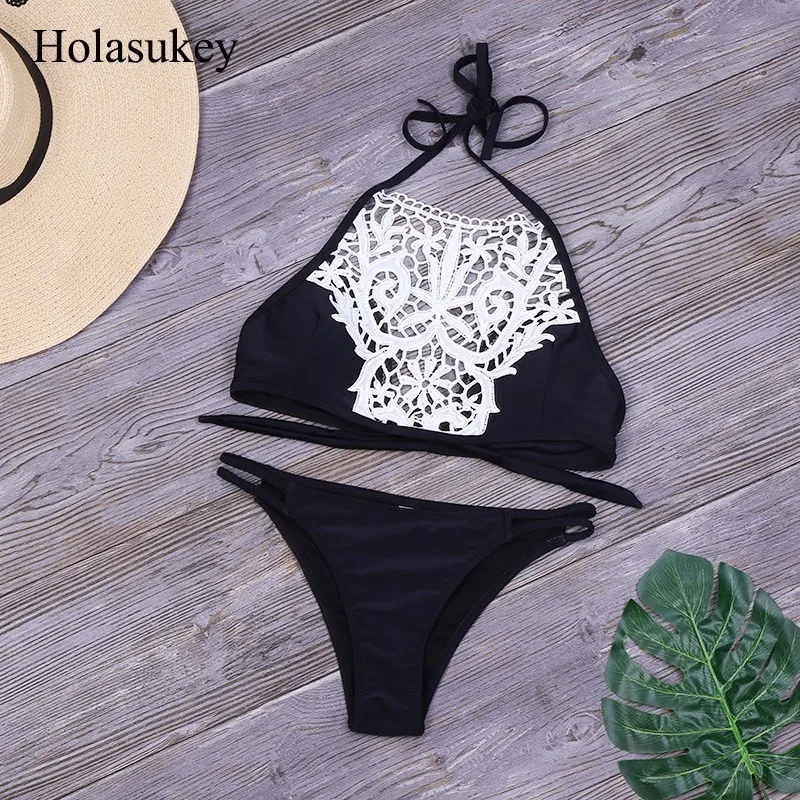 

HolaSukey Set Solid Bikini Bordered Floral Swimwear Sexy Halter Top Swimsuit Cross Bandage 2019 Women New Suits Biquini