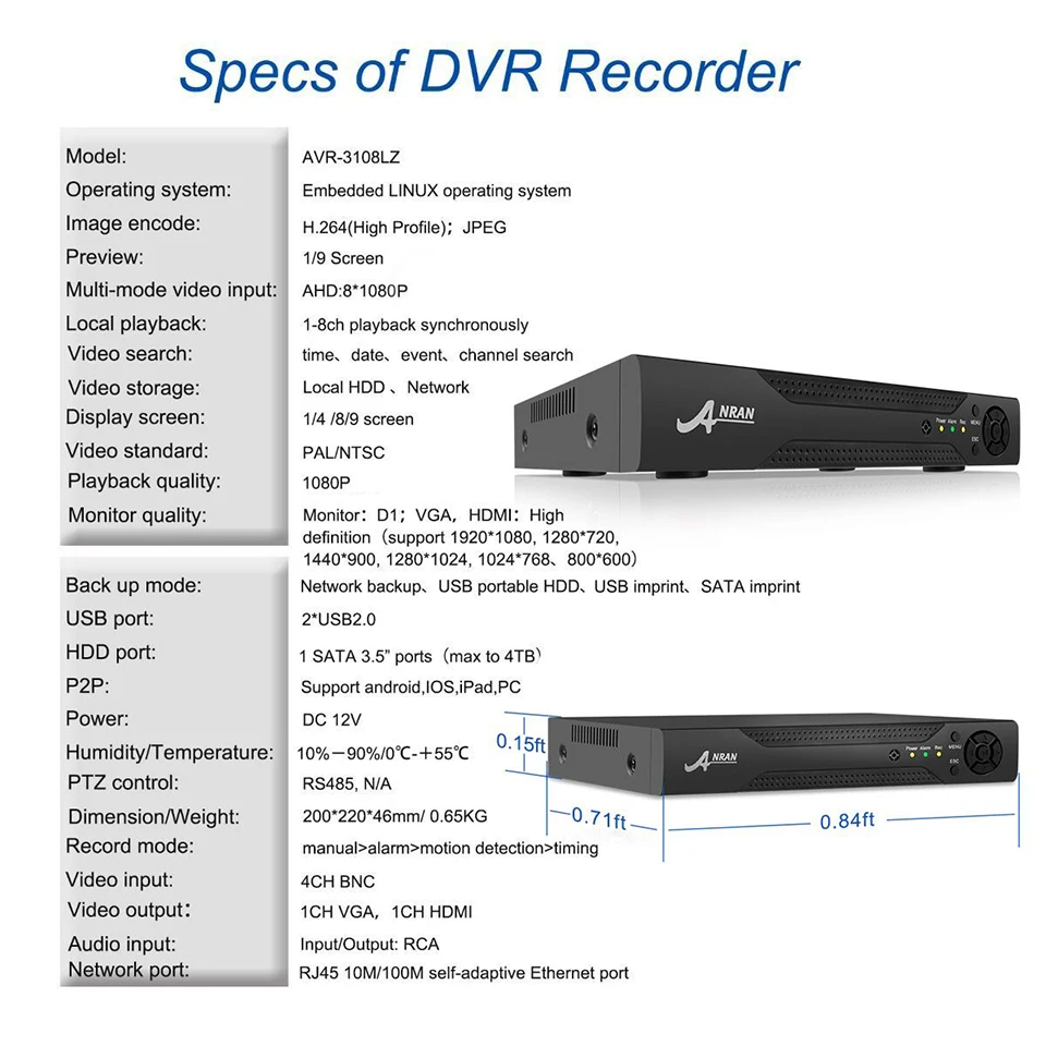 ANRAN 8CH HDMI AHD DVR HD День Ночь 3000TVL 2 0 MP Водонепроницаемая наружная ИК камера CCTV