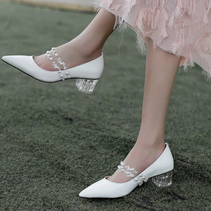 

2019 New PU Leather String Pearl Beaded Ladies Pumps Fashion Pointed toe Slip on Square High Heels For Party Sweet Woman