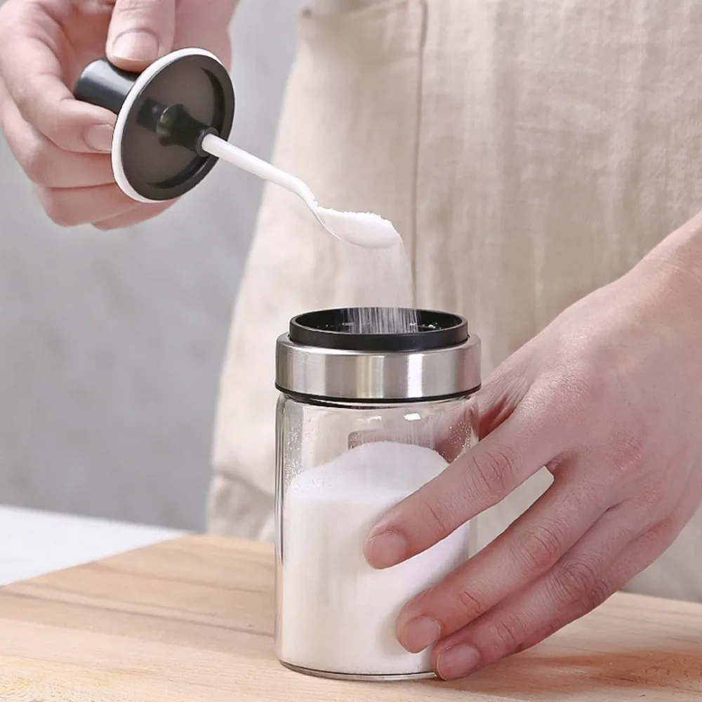 

Transparent Kitchen Supplies Glass Plastic Seasoning Bottle Salt Storage Box Spice Jar For Salt Sugar Pepper Powder With Spoon