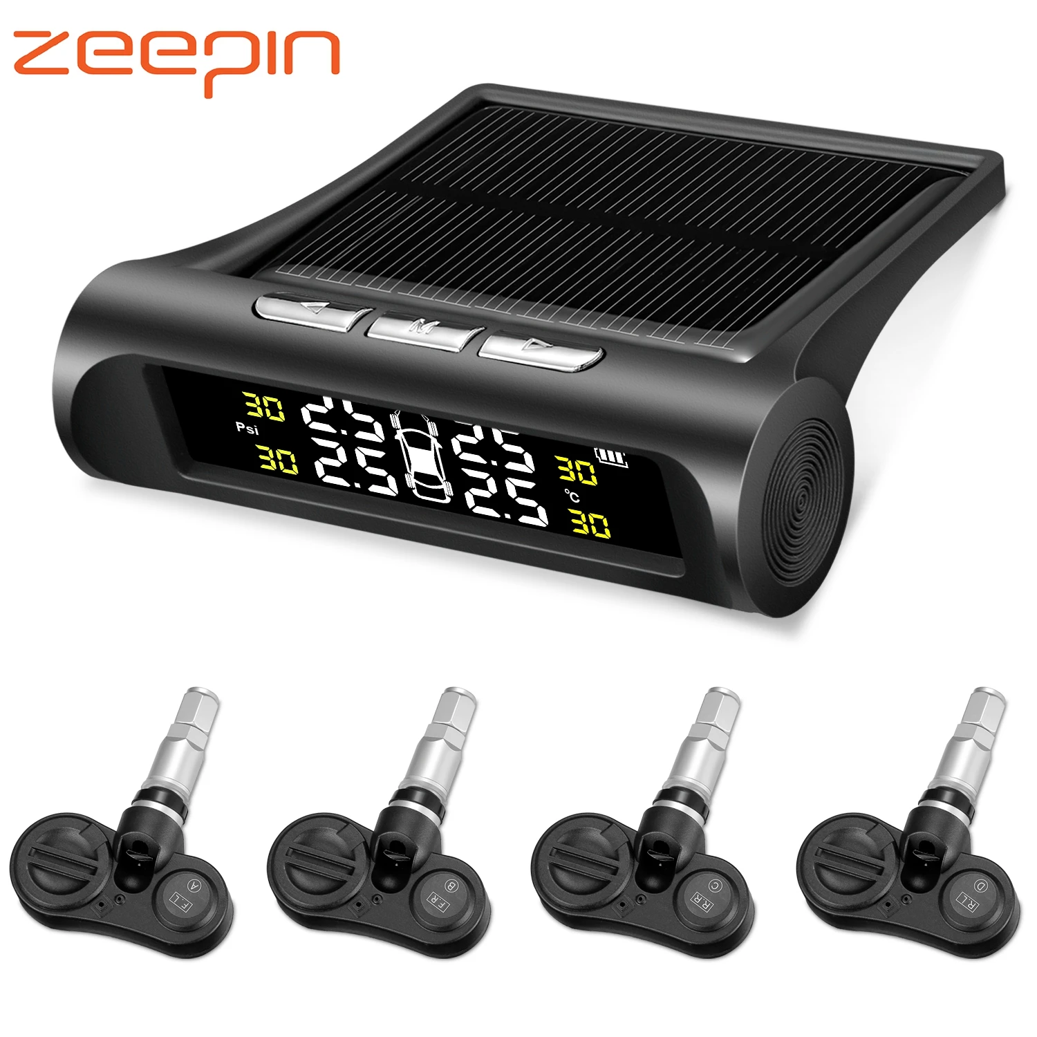

Car Tyre Pressure Monitoring System Solar Power Digital LCD Display TPMS with 4 Internal Sensors USB Charging Tire Alarm psi/bar