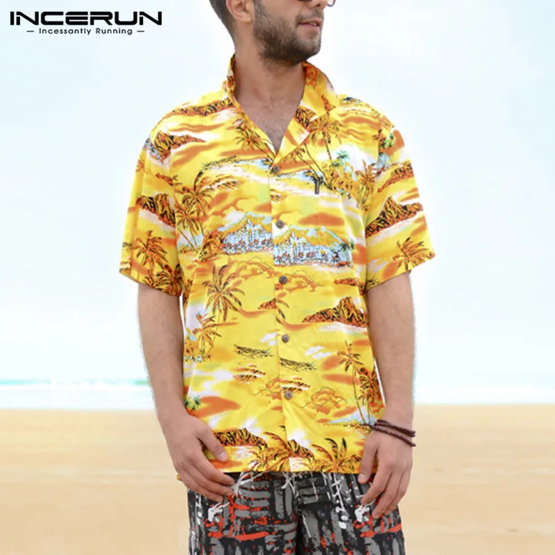 Брендовые желтые мужские рубашки Camisa, футболка с цветочным рисунком, пляжная одежда, короткий рукав, воротник с лацканами, свободная пуговица, гавайская мужская одежда