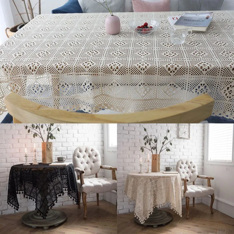 

American Handmade Crochet Tablecloth Embroidered Hollow Rectangular Tablecloth Cotton Kitchen Dining Table Cover Home Textile