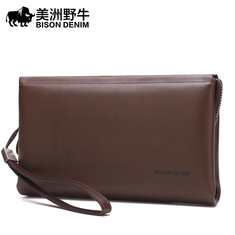 

BISON DENIM Brand Handbag Men Genuine Leather Business Clutch Bag Cowhide Large Capacity Purse Brand Men's Bag Wallet