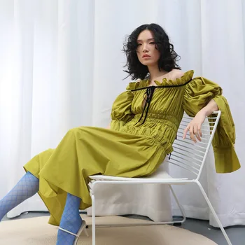 

DEAT 2020 New Spring Summer Slash Neck Long Sleeve Drawstring Ruffles Loose Hollow Out Temperment Dress Women Fashion JS591