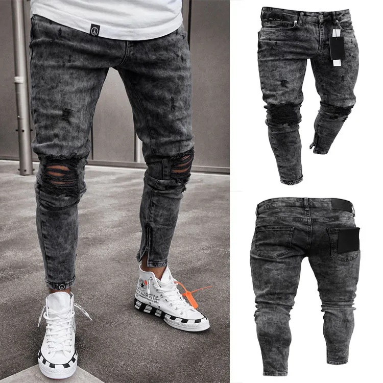 

Mens Skinny Stretch Denim Pants Pleated Ripped Freyed Slim Fit Jeans Trousers Vaqueros Hombre Jean Skinny Homme Pantalon Vaquero