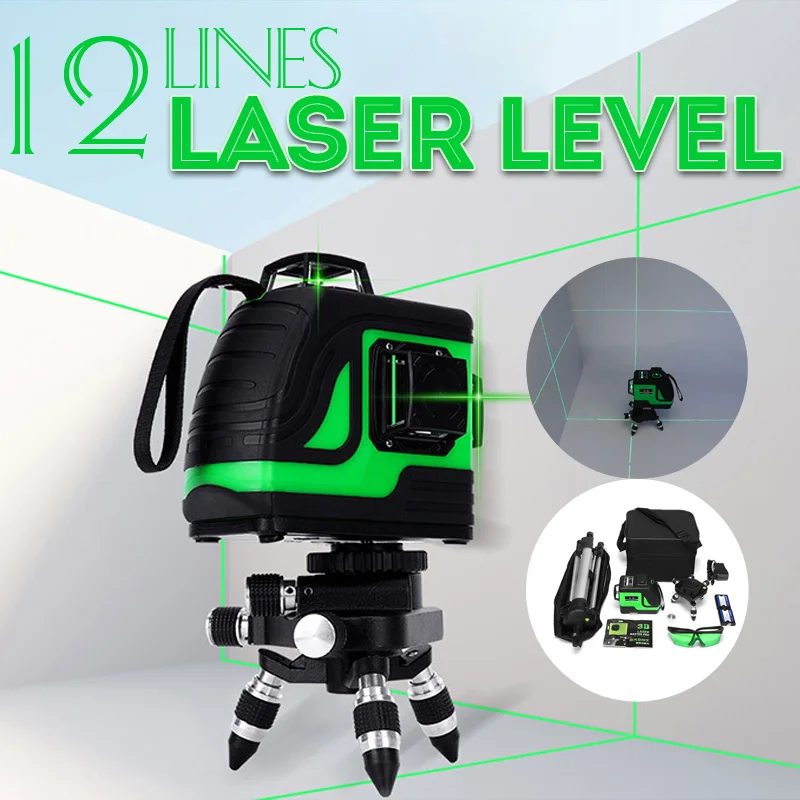 

12 Lines Green Cross Line Laser Level 808nm 3D 360 Degree Rotation Auto Leveling Horizontal Vertical Laser Beam Indoor/Outdoor