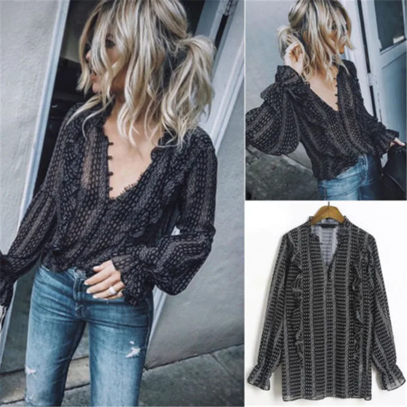 

Women's Ladies Summer Loose Tops Long Sleeve Shirt Casual Blouse fashion Patchwork V-Neck sexy Tops
