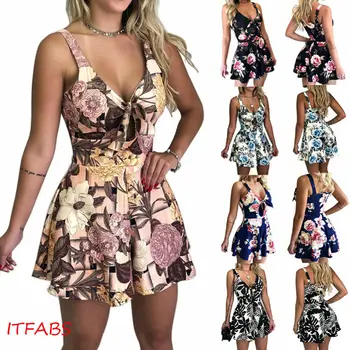 

New Women Ladies Fashion Casual Summer Playsuit V Neck Sleeveless Floral Print Playsuit Summer Beach Casual Playsuit