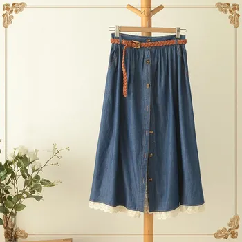 

Casual Women Denim Simple Skirt Solid Lace Female Mid Skirt A-Line High Waist Single Breasted Skirt