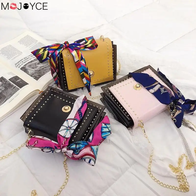 

Women Casual Crossbady Bag Rivet Shoulder Handbags Leather Chain Women Small Crossbody Messenger Bags Ribbons Women Shoulder Bay