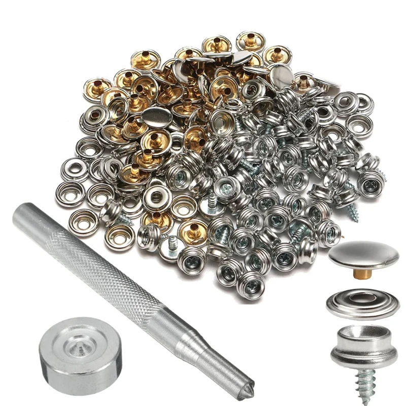 

50 Set 15mm Stainless Steel Push Button Sockets Screw Stud With Tool Snap Fastener Kit For Boat Cover Handbags Clothing Leather