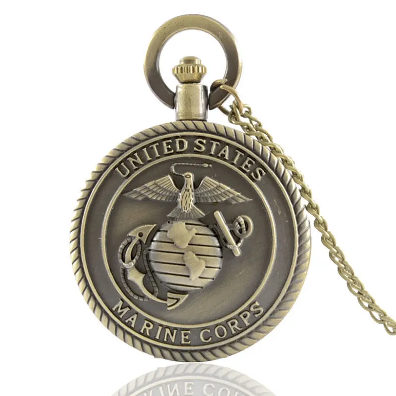 

USMC Pocket Watch United States Marine Corps Veterans Full Hunter Quartz Engraved Fob Retro Pendant Pocket Watch Chain