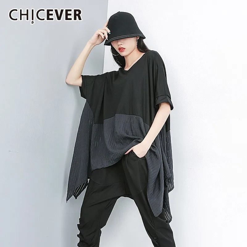 CHICEVER Summer Casual Patchwork Hit Color T-shirt For Women O Neck Batwing Sleeve Loose Plus Size