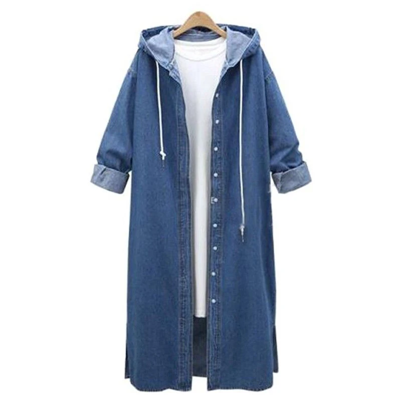 

coat Women Hooded Blue Denim Coat Ladies Loose Jeans Outerwear Long Jacket ~ ~