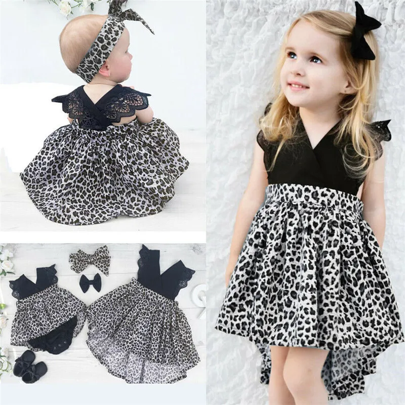 Leopard Bowknot Girl Mesh Dress Casual Summer Dresses Children Wear Kids Clothes