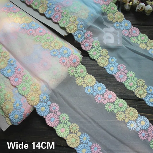 

14CM Wide New Rainbow Embroidered Guipure Mesh Lace Applique Ribbon Trim Women Dresses Curtains Headscarf DIY Sewing Accessories