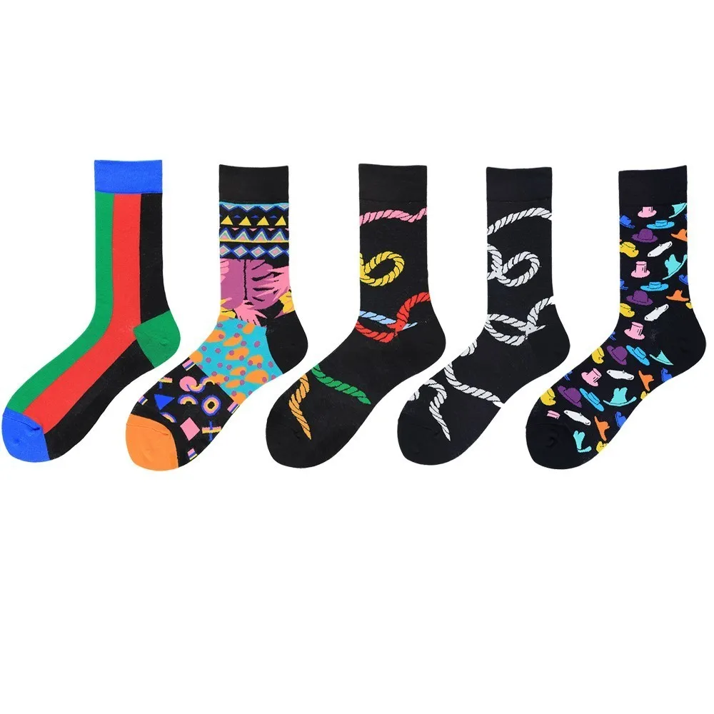 

PEONFLY Combed Cotton Men Socks Harajuku Colorful Happy Funny Hat Striped Rope Warm Dress Socks For Male Wedding Christmas Gift