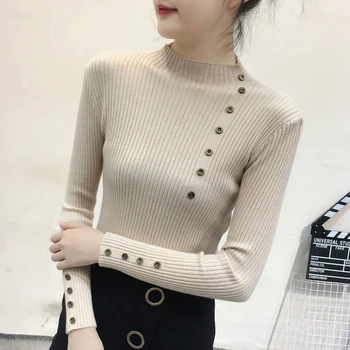 

Women Turtleneck Jumper Fashion Solid Color Buttons Long Sleeve Clothes Streetwear Sweaters Female Knitted Tops Pullovers Black