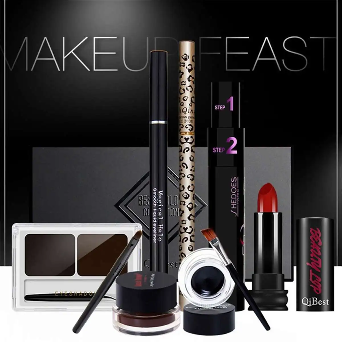 

7 pcs/set Makeup set including Lipstick, eyeliner,Mascara, Eyeshadow, Eyebrow Powder, Eyeliner Cosmetics