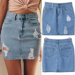 Лето 2019 для женщин юбки для с дырками и высокой талией Bodycon бинты Карандаш проблемных рваные Мини Короткие джинсовые синий