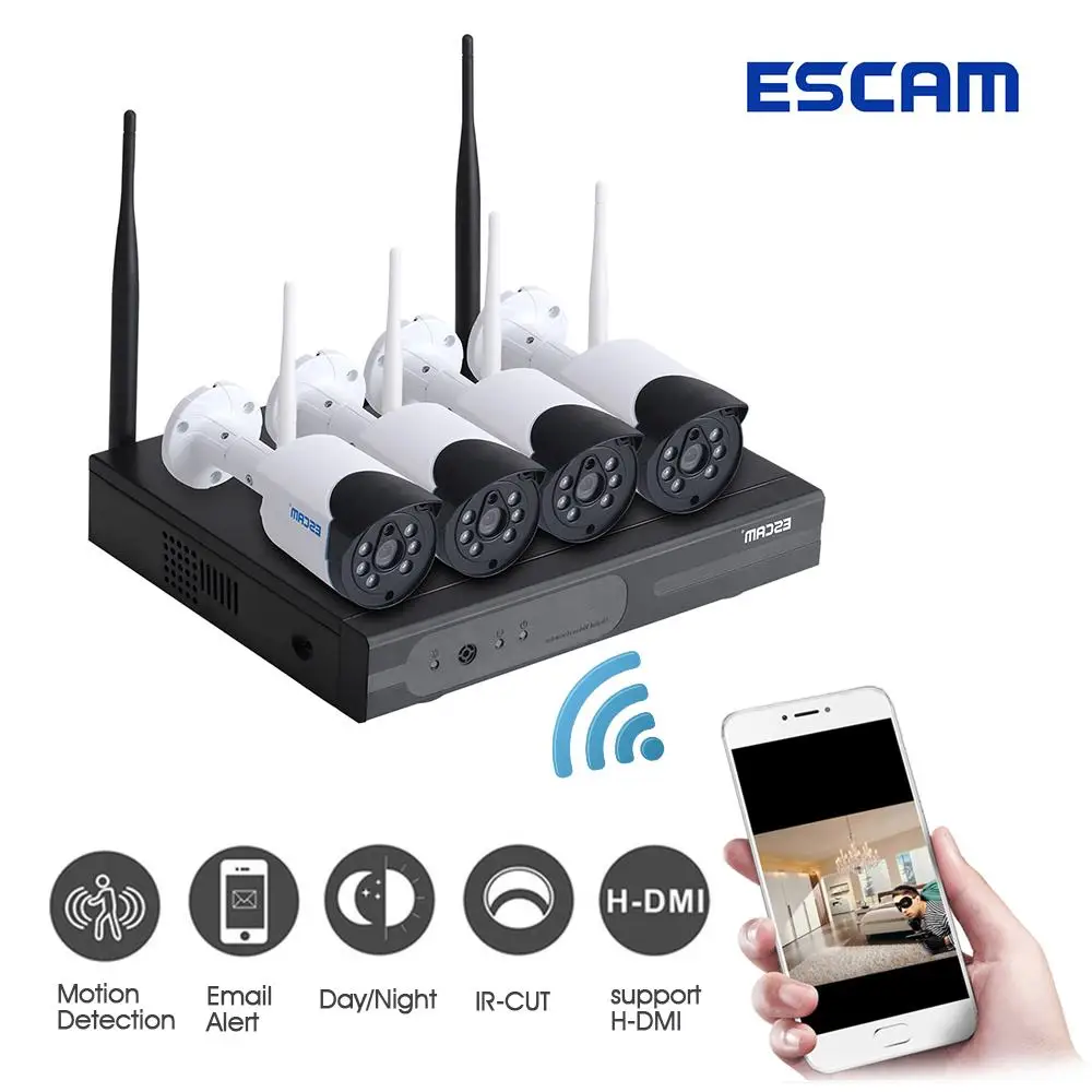 

ESCAM 720P 4Pcs WiFi NVR Kit P2P Home Security IP Camera CCTV Set Access Automatch Outdoor IR Night Vision Pet Baby Monitor