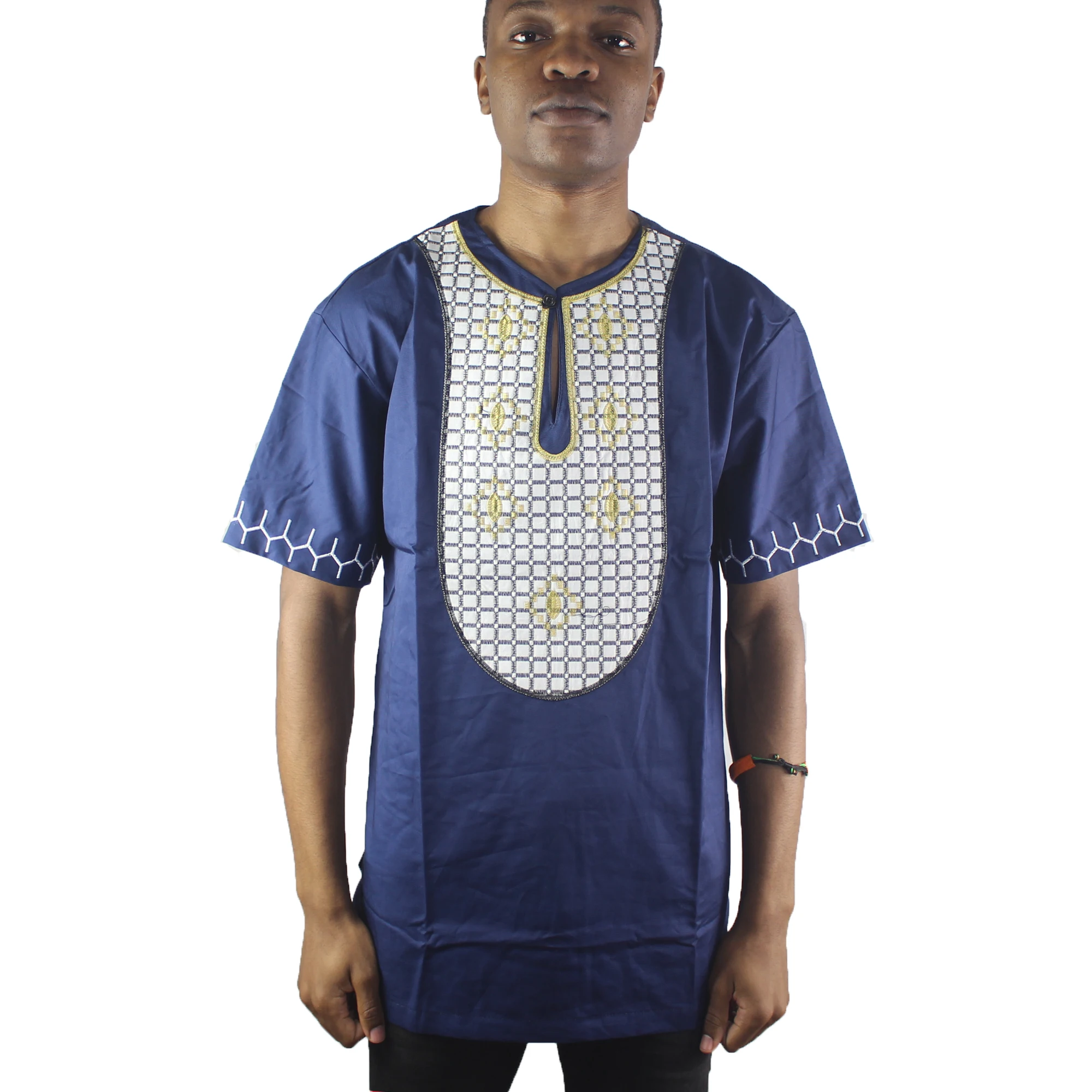

Africa Navy Blue Brave Plaid Embroidered Men`s Ethnic Tops Short Sleeved Henley Shirts for Summer Wearing