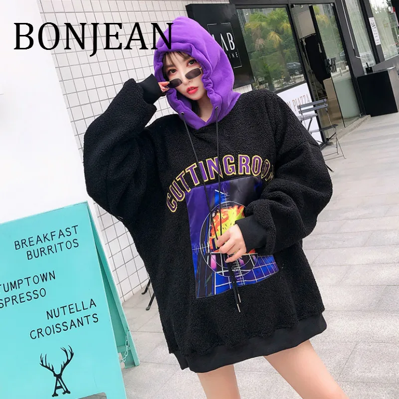 BONJEAN Letters Print Sweatshirts 2018 Women's Winter Clothing Black Hooded Sweatshirts and Pullovers Appliques Sweatshirt BJ716