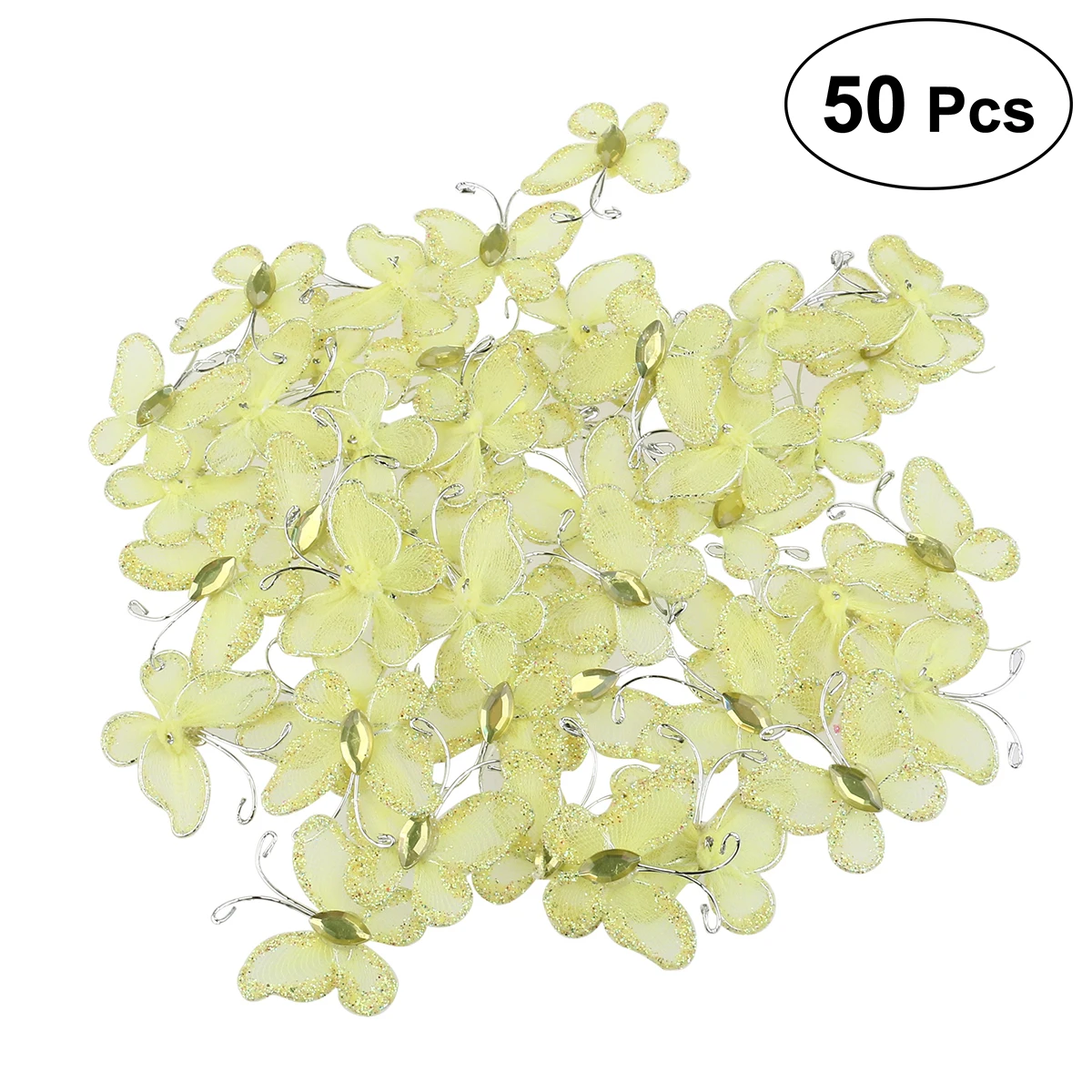 50pcs Sheer Mesh Wire Glitter Butterfly with Gem (Yellow) | Дом и сад