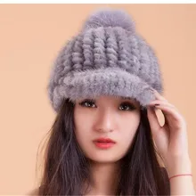 Женские вязаные зимние теплые шапки из натурального меха норки, Женская Зимняя кепка с козырьком и меховым помпоном белого и серого цвета, H221