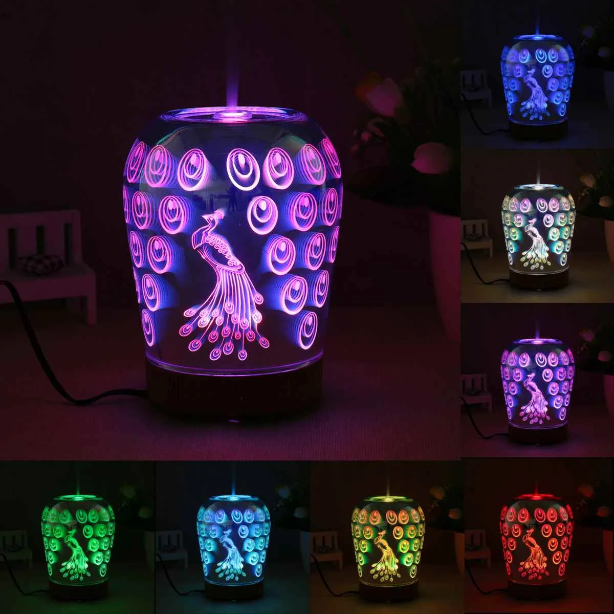 

100ml Aromatherapy Essential Oil Diffuser Electric Heating Air Humidifier Peacock Pattern 7 Colors Changing LED Home Night Light