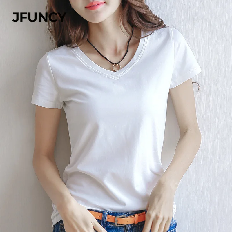 

JFUNCY Korean Style T-Shirt Women V Neck T Shirt Cotton Short Sleeve Women's Tops 2019 Spring Summer Solid Tee Shirts