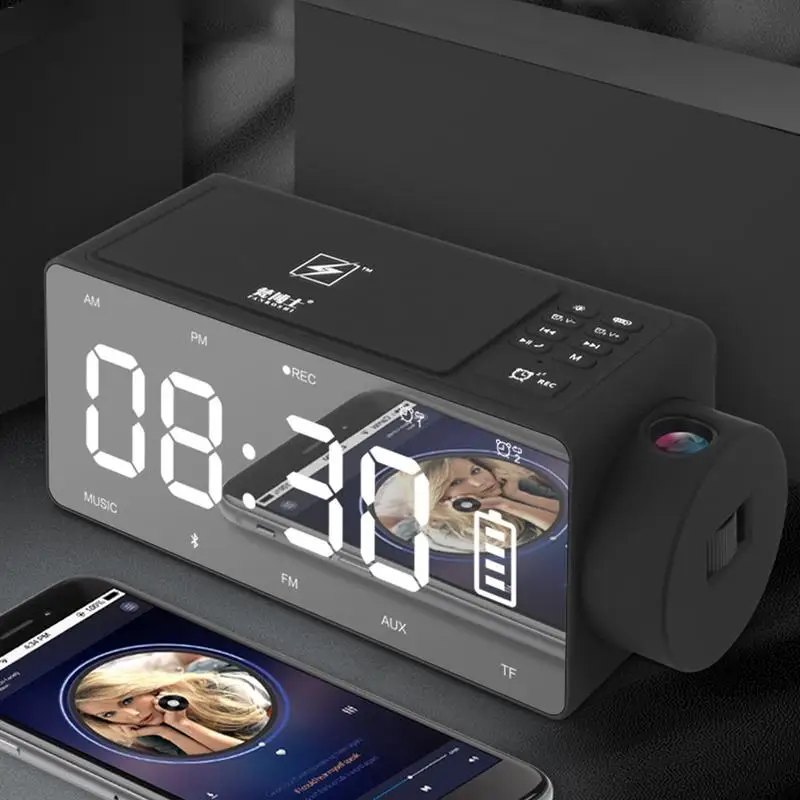 

Charging Projection Digital Clock Wireless Bluetooth Speaker LED Large Screen Alarm Clock Snooze FM DIY Music Clocks US Plug