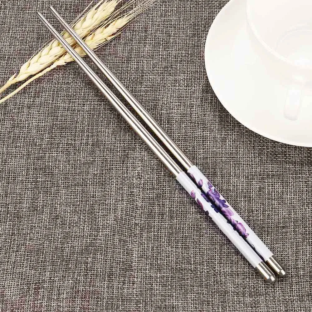 

2 Pairs Chinese Style 8.9" Length White Vine Pattern Stainless Steel Chopsticks