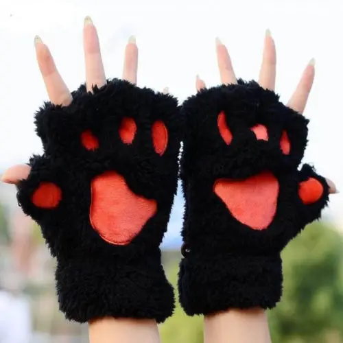 Зимние женские перчатки Милая кошачья лапа Paw плюшевые варежки короткие перчатки без пальцев половина пальца