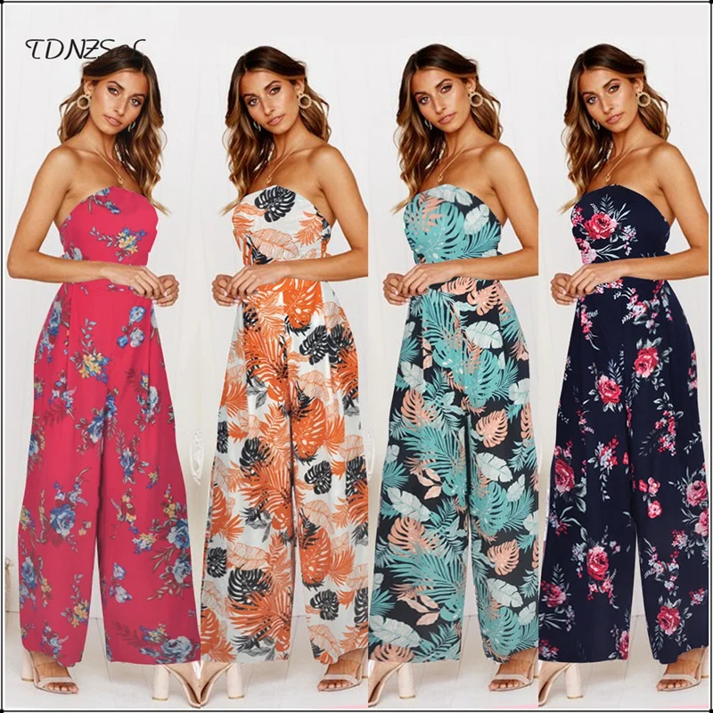 Women Strapless Print Wide Leg Flare Jumpsuit Casual Backless Bandage High Waist Loose Romper Summer Sleeveless Overall Bodysuit