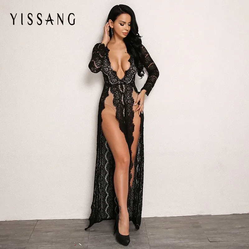 

Yissang Black Sexy Lace Dress Long Women V Neck Hollow Out High Split Dresses Elegant Maxi Long Sexy Lace Party Dress Vestidos