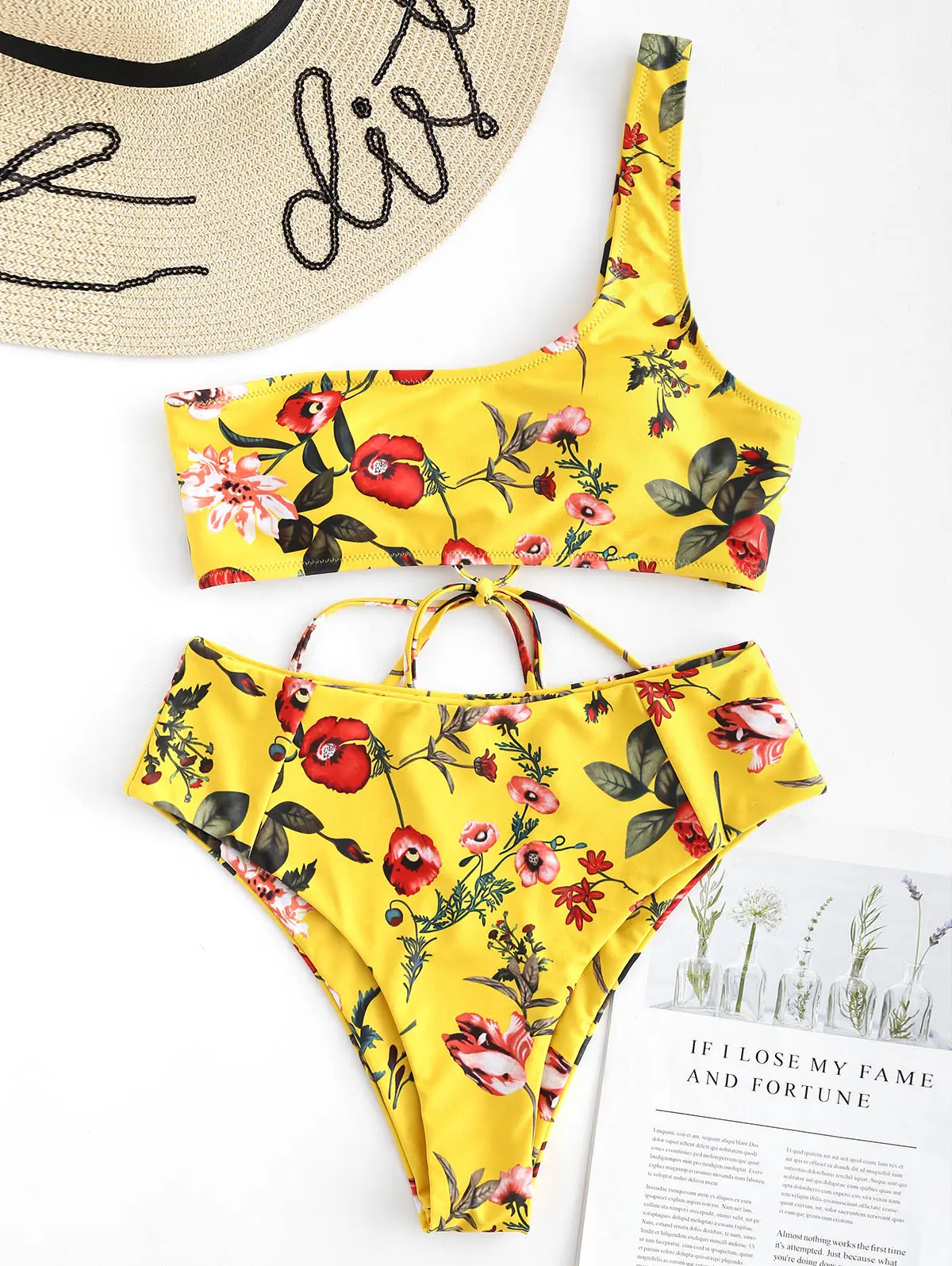 

ZAFUL Women One Shoulder Bikini Set Lace-Up Floral High Rise Bikini Set Lady Sexy Swimwear Summer Beach Swimsuit Bathing Suit