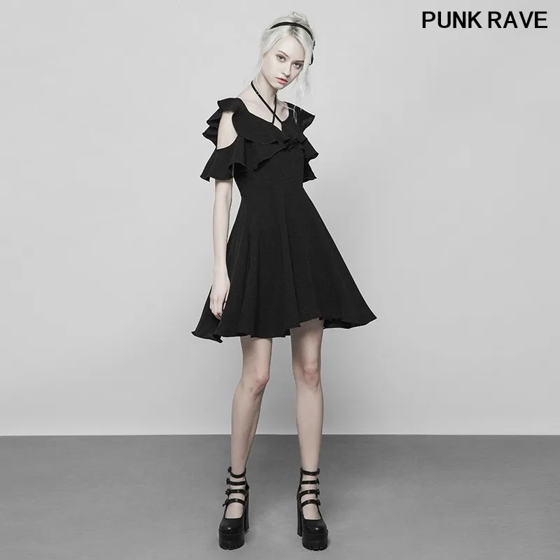 

Gothic V-neck Mini Chiffon Dress Fashion Women Black Ruffle Sleeve Halter Neckline A-line Bandage Dresses PUNK RAVE OPQ-373LQF