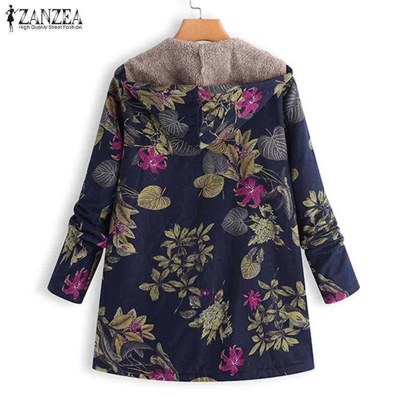 awesome  2019 ZANZEA Women Fur Lining Jacket Autumn Warm Print Coat Female Long Sleeve Hooded Outerwear Lady