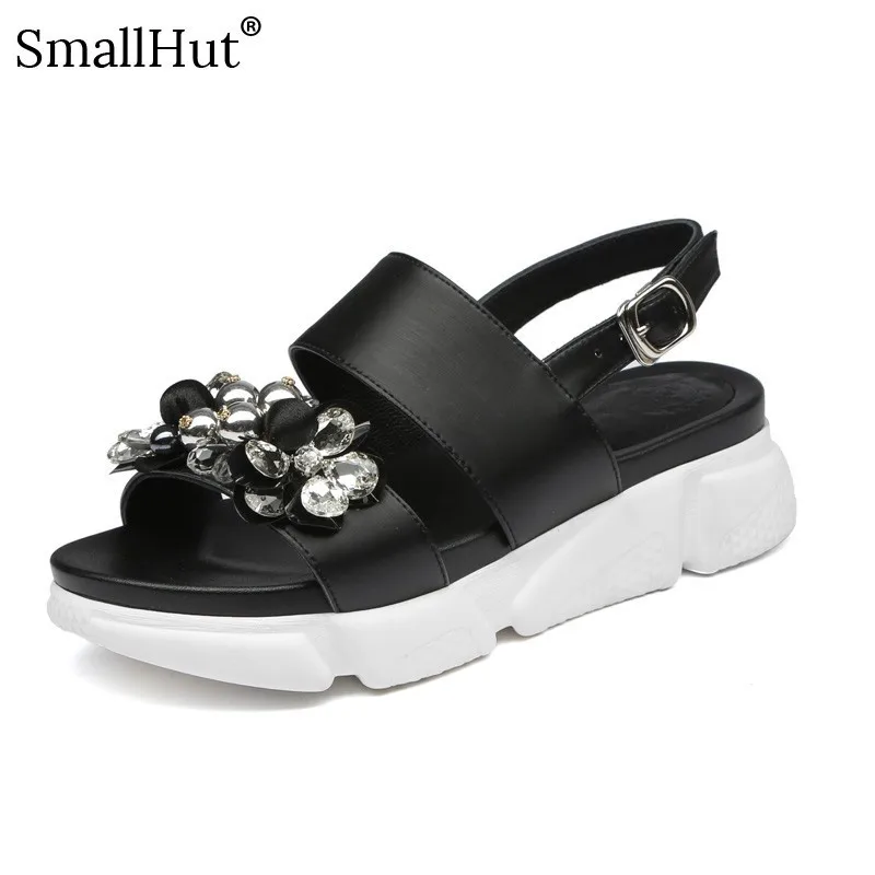 

Women Platform Sandals Summer Genuine Leather New 2019 Back Strap Casual Flat With Shoes Black White Ladies T-Strap Sandal D002