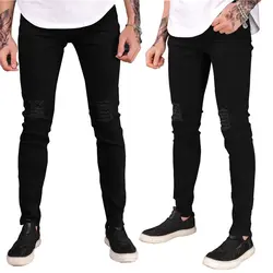 Черный Рваные джинсы Для мужчин с отверстиями Винтаж джинсовые узкие известный дизайнер марки Slim Fit Жан брюки поцарапанные Байкер брюки