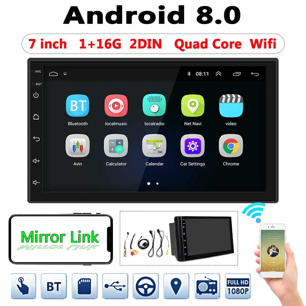 

7'' Android 8.0 2DIN Car Radio Qua Core WIFI bluetooth GPS Navigation Touchable Audio Stereo Car Multimedia FM MP3 MP5 Player
