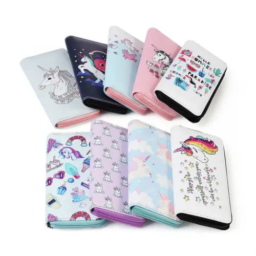 Rainbow Unicorn Long Leather Wallet Card Holder Zipper Purse Clutch Bag for Women
