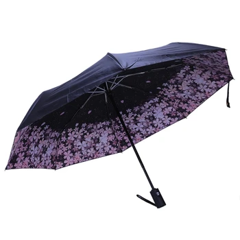 

Cherry Blossom Automatic Umbrella Female Parasol Black Coating Sun and Rain Umbrella Women 210T Fabric Three-Folding #B