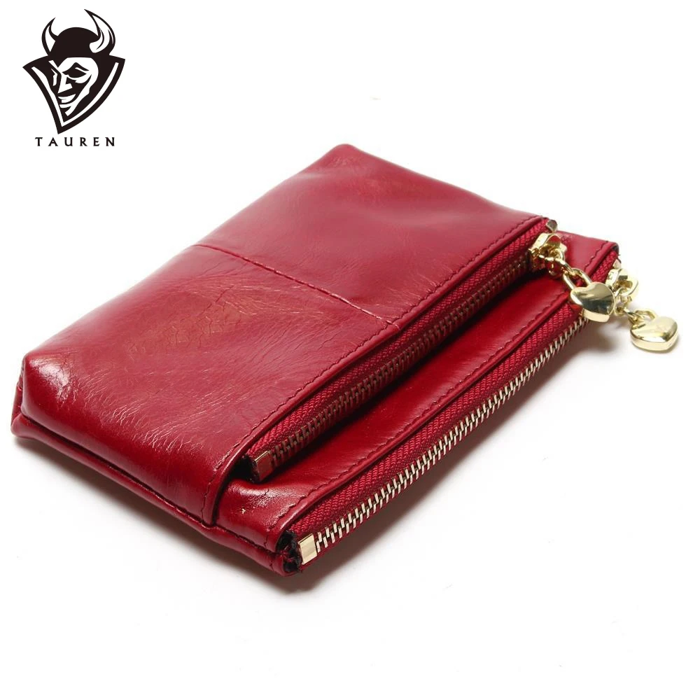 

New TAUREN High Quality Genuine Leather Women Mini Wallet Oil Wax Leather Coin Purse Coin Credit Card Holder With Metal Ring