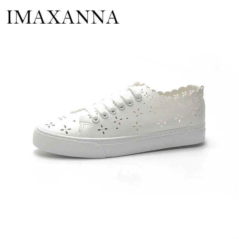 

IMAXANNA Women's Breathable Hollow Outdoor Sneaker Fashion Leather Sport Shoes Ladies Platform Sole Female Lace Up Casual Shoe