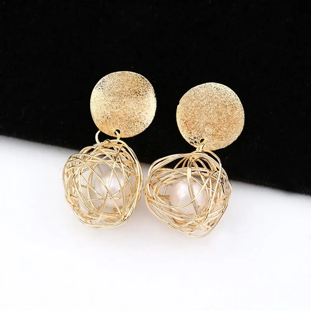 

European and American Earrings Retro Geometric Simple Woven Ball Pearl Stud Earrings Metal Accessories Female