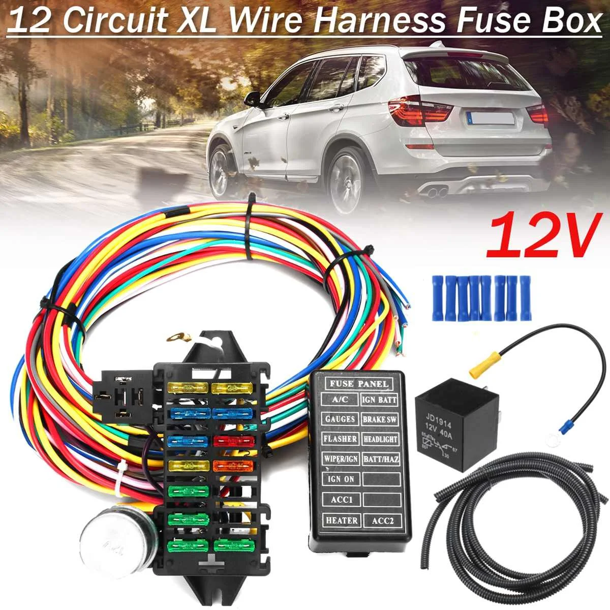 

12 Circuit Universal Wiring Harness 14 Fuse 12V Muscle Car Hot Rod Street Rod XL Wires Car Electronics Accessories